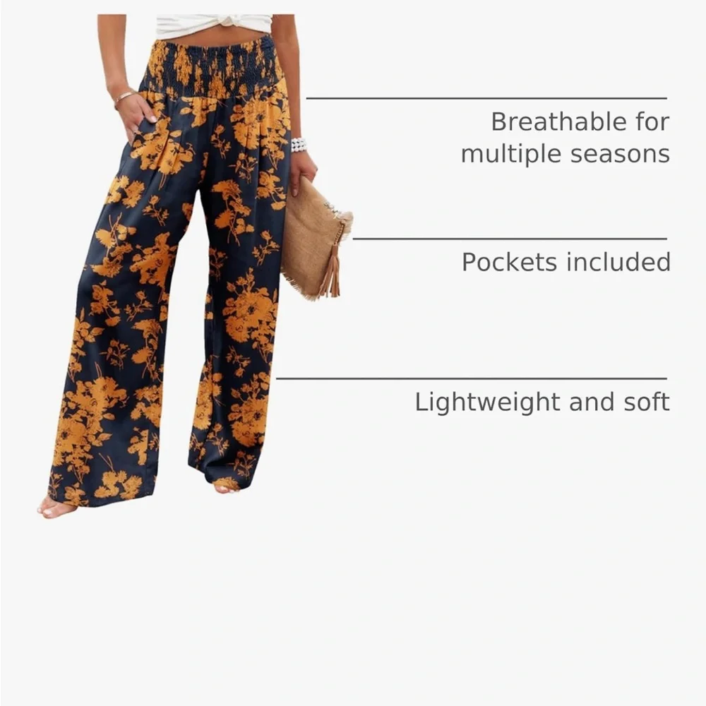 Navy and Orange Floral Palazzo Pants - Picture 4 of 10